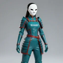 female adventurer in tight full - body teal leather armor of japanese design with red accents and a white porcelain crow mask, trending in artstation, establishing shot