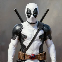 deadpool character in white!!!, hyperrealistic, highly detailed, cinematic, volumetric sunlight, beautiful, cgssociety, artstation, 8 k, oil painting by greg rutkowski, by artgerm, by wlop