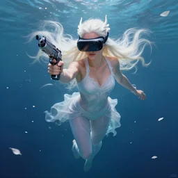 a beautiful + blonde + dragon queen + white hair + cool vr glasses + holding pistol + tights + ana de armas, floating under the deep dream water, beautiful smooth soft light + white petal, oil paint, cinematic lighting, anorld render, unreal engine 5, 4 k, highly detailed, instagram,