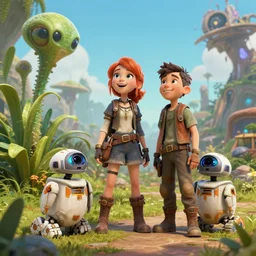 in a steampunk world, a girl and a boy standing next to some alien plants, looking happy, their pet droid is nearby, in a park on a alien planet, ultra realistic facial details, enhanced faces, ultra photorealistic raytracing, trending on artstation, 8k