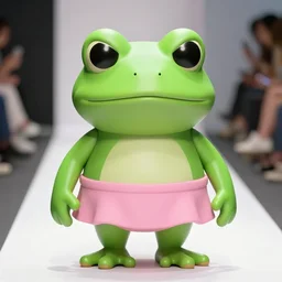 fashion show with a super cute angry green tree frog dressed in a pink skirt,, photo realistic, matte image
