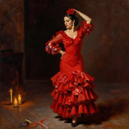 vintage detailed oil painting of spanish flamenco dancer in mallorca wearing a red dress made of flowers, dress on fire, dimly lit by candles on the ground, looking away, dark shadows, photo realistic, extreme detail skin, no filter, slr, 4 k, high definition
