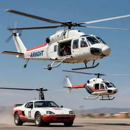 Airwolf flying above Knight Rider, helicopter above sports car, action TV show, cinematic lighting, 1980s television show