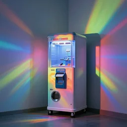 a ticket dispenser in a room with conceptual colorful projection, concept style