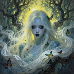 a beautiful terrifying ghost portrait black eyes twisted trees jennie blackpink, floating cloth whirlpool, butterfly hard lighting ethereal horror fantasy art blue skin, yellow green, white hues by karol bak, gaston bussiere craig mullins alphonse mucha basil gogos, monet, ruan jia, by wlop, moebius syd mead roger dean yoshitaka amano