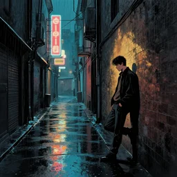 Dim alleyway on a rainy night, lit by distant neon signs. A lone man leans against the wall. Bande dessinée art.