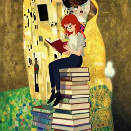 a young woman with red hair and glasses sits on top of a tall pile of books. she is reading. behance hd by artgerm, jesper ejsing, by rhads, makoto shinkai and lois van baarle, ilya kuvshinov, rossdraws, illustration, art by ilya kuvshinov and gustav klimt