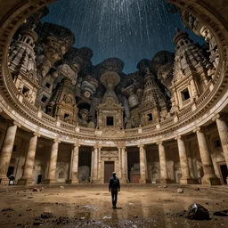 pov one man walking in a giant ancient ballroom neoclassical buildings, troglodyte temples in a deep spiral, high quality, mud, rain, by night, ultra wide lens, anamorphic, by andrei rublev