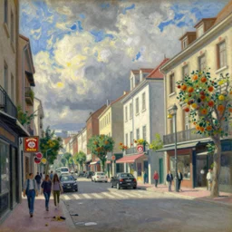 Jollibee City after the swag incident, street scene, wide shot, by Moebius, Renoir