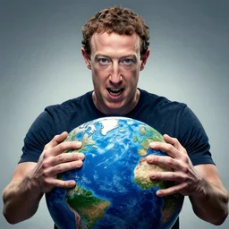 mark Zuckerberg with hands clutching the earth, evil, overpowering