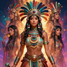 beautiful aztec warrior priestess girl, highly detailed portrait concept art, josan gonzalez, greg rutkowski, jeff easley, hannah yata, psychedelic, threyda, majestic masterpiece, vibrant backlit, movie poster character, intricate, hyper detailed, smooth, trending on pixiv