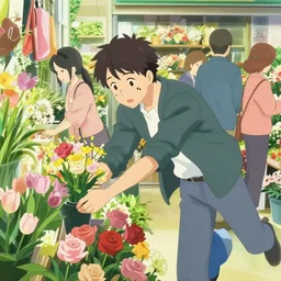 anime visual of a man buying flowers in a busy flower shop, many people, cute face by ilya kuvshinov, makoto shinkai, kyoani, masakazu katsura, dynamic pose, crisp and sharp, yoshinari yoh, rounded eyes, anime poster, flat, cel shaded