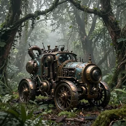 magnificent mechanical steampunk vehicle abandoned in lush forest with vines hanging from tree branches, fog, desaturated, beautiful, creepy ambiance, 4k, sharp focus, highly detailed, artgerm, giger