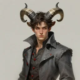 a triple a game concept art of a handsome young man with large curved back imp horns on a head in tattered slate - gray collared coat with red buttons, black and white striped horns, art by cushart krentz and greg rutkowski, elegant, front view, sharp focus, morandi color scheme, fantasy style, illustration, high quality, digital art, hyperrealism, octane render, commission art