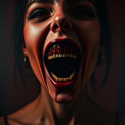 dramatic dark red matte portrait painting of woman evil smile with black mandelbrot fractal instead of face, horror, body horror, dark art, 4 k, detailed, realistic, psychotic, insane, crazy, mental illness, dramatic,