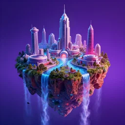 highly detailed picture of a floating island with futuristic buildings and rivers falling into the universe, atey ghailan, by greg rutkowski, by greg tocchini, by james gilleard, by joe fenton, by kaethe butcher, purple gradient, neon blue, neon red and white color scheme, trending in pinterest, award winning details hd