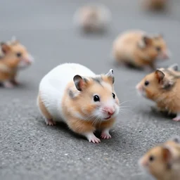 photo of a hamster walking down a street, various poses, unedited, soft light, sharp focus, 8 k