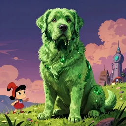 hyperrealist, graphic novel illustration of a massive green labrador retriever and shaggy green fur with green dye sitting on a grassy hill, pulp 7 0's sci - fi vibes, 9 0's hannah barbara fantasy animation, cinematic, movie still, studio ghibli masterpiece