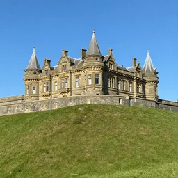 photo of a victorian fortress on a hillside, military blue sky, victorian, detailed, architectural photography