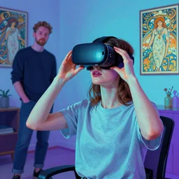 portrait art of a woman playing with a vr headset in a cyan and purple lit room art by artgerm and greg rutkowski and alphonse mucha
