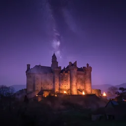 a beautiful double exposure of an astronomy photo of the day, and a landscape photo of an ancient castle with fires burning, cool colours, purple tint, mists, mystical,