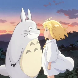 A full body portrait of twi brother and sister with golden short hair as My Neighbour Totoro, face to face, white wearing, digital art, fantasy art, volumetric lighting, dreamy and ethereal, sunset, art by Kyoto Animation, anime illustration, trending on Pixiv.
