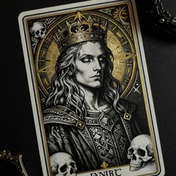 Portrait of the Prince of Entropy wearing a crown, high fantasy, gothic, black paper, dark atmosphere, skulls, detailed, cinematic, ornate, tarot card, highly detailed, ink illustration, Guy Denning, Anato Finnstark, golden ratio, 8k,