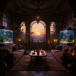 a very dark dreamy modern steampunk artnouveau living room, aquarium with beautiful tropical fish, candlelight, sunset glow, dark shadows, octane render, volumetric lighting, raytracing, symmetrical wide shot low angle