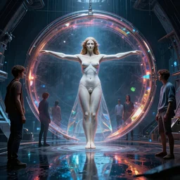 vitruvian woman, large hadron collider, dimensional portal, teleportation, wet reflections, prism, atmospheric, ambient, pj crook, syd mead, livia prima, artgerm, greg rutkowski, nick alm, casey baugh