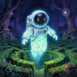 A beautiful composition of a psychedelic glowing spirit animal psychonaut floating above a hedge maze, DMT, rich details full of texture, realistic eyes, artwork by Satoshi Kon and Yoshitaka Amano and Moebius