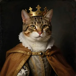 a renaissance style portrait painting of a Cat, wearing a crown and cape, dark background