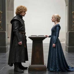 tyrion lannister is facing off against cersei lannister at the middle family feud face off podium and he is too short to reach the button, set photo, photorealistic, wide angle