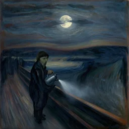 midnight, the moon obscured by clouds, in a dilapidated building the dark unknown huddled in the corner is pouring out, mist, by edvard munch
