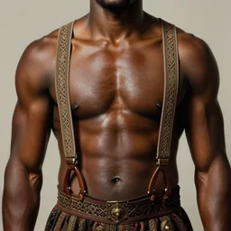 a dark skinned muscular man wearing an intricate and detailed suspenders, glistening skin, honey birdette, realistic renaissance portrait, highly detailed, digital painting, artstation, concept art, smooth, sharp focus, cinematic lighting, art by john collier, artgerm and greg rutkowski and alphonse mucha and jacques louis david