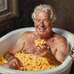 portrait of bob barker sitting in a bathtub full of mac and cheese, an oil painting by ross tran and thomas kincade