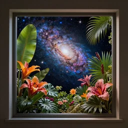 a window full of tropical flowers, inside the window you can see the galaxy, trend in artstation, hdr, 8 k
