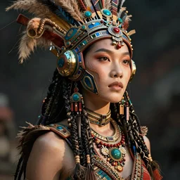 hyper realistic photography portrait of postapocalyptic cyberpunk asian cyborg tribal warrior amazon cinematic, brom, mucha, moebius juan gimenez coachella cgsociety