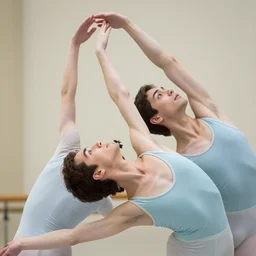 two male ballet dancers doing an extreme stretch, dance photography, pastel colors palette, anatomic photography, high detail, zoom in, foreshortening, natural light