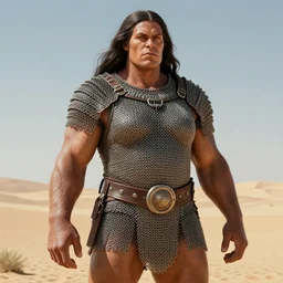 portrait, a huge barbarian woman wearing iron chainmail, tan skin, standing bold and proud, highly detailed, sharp focus, in the desert, full rendered, trending on artstation by donato giancola