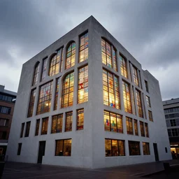 cinematic color photography of art museum made out of colored small stained glass panes and white concrete in an urban context, dramatic grey sky, volumetric lighting, glowing windows, architectural photography, wide angle, color, photoreal, velvia
