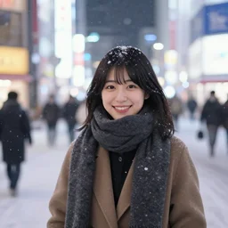 a smiling young japanese woman in akihabara on a snowy night