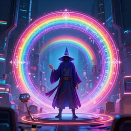 A rainbow wizard in a cyberpunk city, magical portal, cyberpunk, glowing runes, technology, Low level, rendered by Beeple, Makoto Shinkai, syd meade, simon stålenhag, environment concept, synthwave style, digital art, unreal engine, WLOP, trending on artstation, 4K UHD image, octane render,
