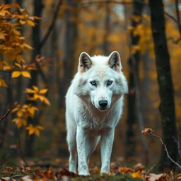 white wolf with blue eyes in the autumn forest, blue eyes, realistic, 8 к, fullbody