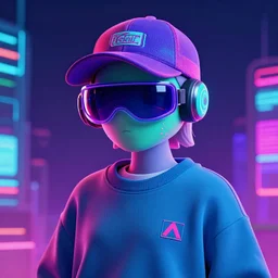 a synthwave android with a visor, a sweatshirt, and a cool hat, digital art, cyberpunk, vivid, technological