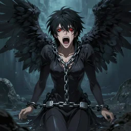 lucifer, dark angel, red eyes, chain, handcuffs, large chain, wide open mouth, scream, sad, cruelty, sea bottom, light effect, hyper detailed, elegant, highly detailed, digital painting, artstation, concept art, matte, sharp focus, illustration, by dan mumford, yusuke murata, makoto shinkai, ross tran