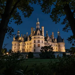 a renaissance castle in a forest with a glowing night sky, upward angle, by craig mullins