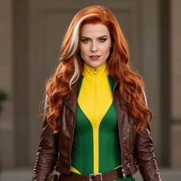 madelaine petsch as x - men's rogue, she is in rogue's classic green and yellow outfit, wearing a brown leather jacket, she has a streak of white in her beautiful long red hair 5 0 mm