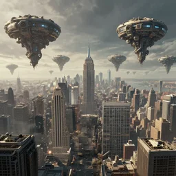 the seven hour war of the combine invasion as seen in new york city, artist rendition, high detail, dystopian landscape with shu'ulanthoi advisor pods and combine ships floating above