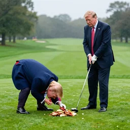 zombie donald trump feasting on rupert murdoch on a golf course in new jersey. it's raining. chainsaw wielding ivanka, and meat head donald trump jr. look on. professional photography. directed by wes craven
