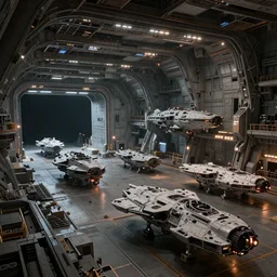 an extremely detailed masterpiece epic scene of the inside of a cavernous spaceship cargo bay with various types of parked militarized spacecraft and an opened hanger door space scene in background, in the style of frank kelly freas and lebbeus woods, intricate, elegant, highly detailed, digital painting, artstation, cinematic lighting, extremely moody lighting, glowing light and shadow, 4 k